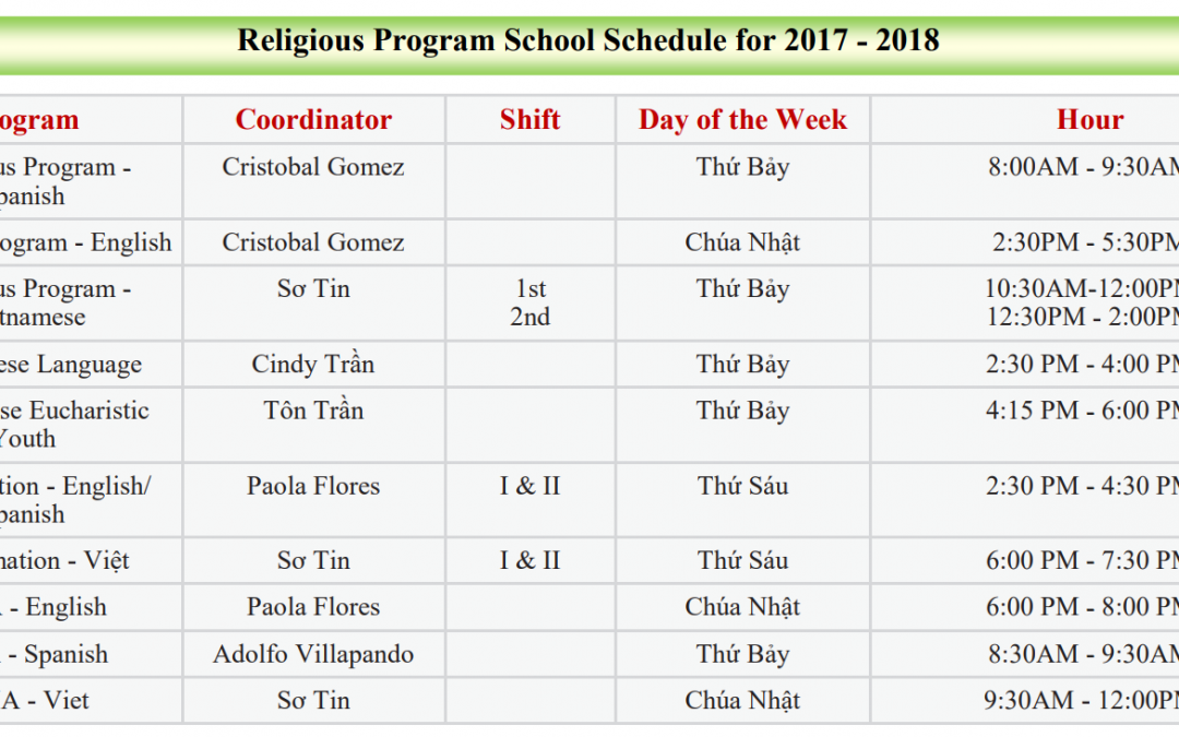 Religious Program School Schedule for 2017 – 2018